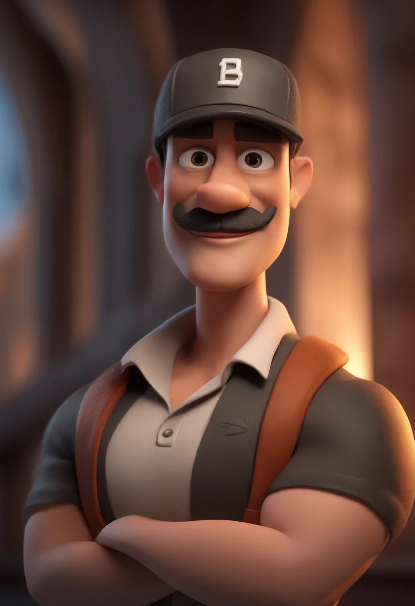 Cartoon character of a man in Yanks cap and a gray shirt with an engine design on this t-shirt, animation character, Caractere estilizado, animation style rendering, 3D estilizado, Arnold Maya render, 3 d render stylized, toon render keyshot, Personagem 3D, Personagem 3D, 3d rendering stylized, 3 d character render, personagem de desenho animado, Personagem de close up, Pose de personagem, (Estilo Pixar) (master part:1.2) (Bokeh) (best quality) (pele detalhada) (textura detalhada) (8k) (argila) (Cinematic lighting) (foco nítido
