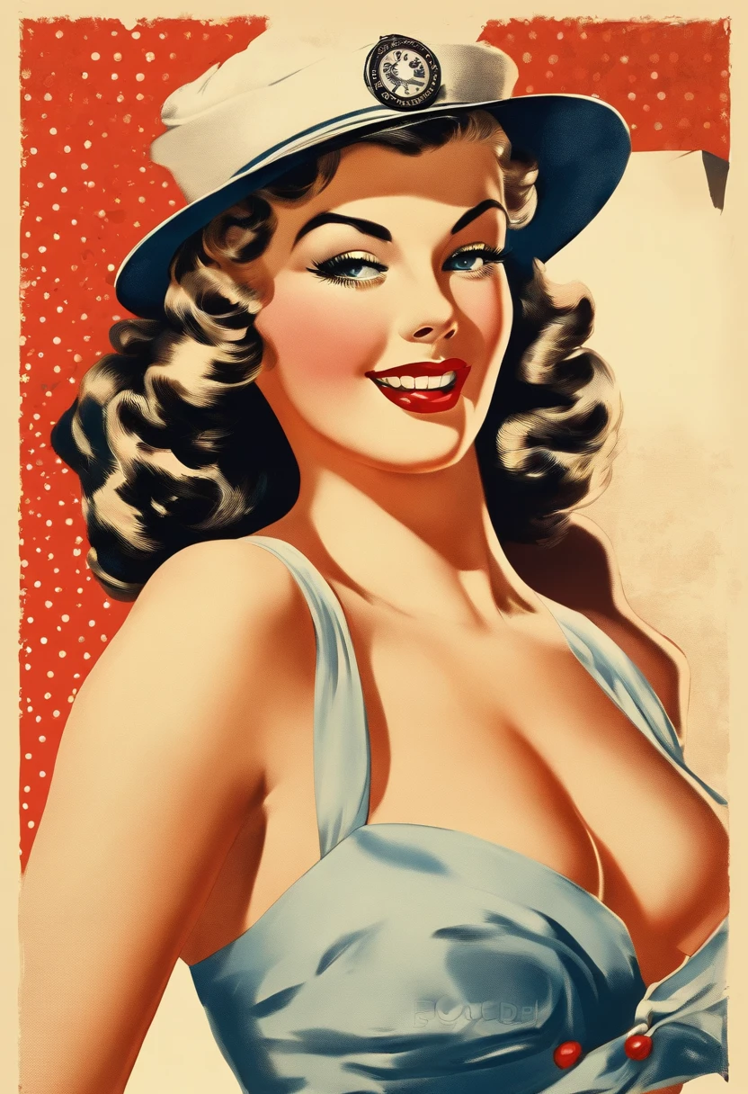 Retro Vintage Art Prints, Sexy poster, Glamorous pin-up girl in a sailor's hat, Bikini and polka dot stockings