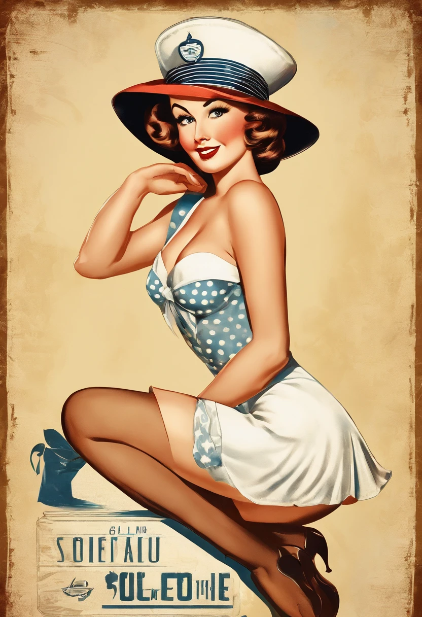 Retro Vintage Art Prints, Sexy poster, Glamorous pin-up girl in a sailor's hat, Bikini and polka dot stockings