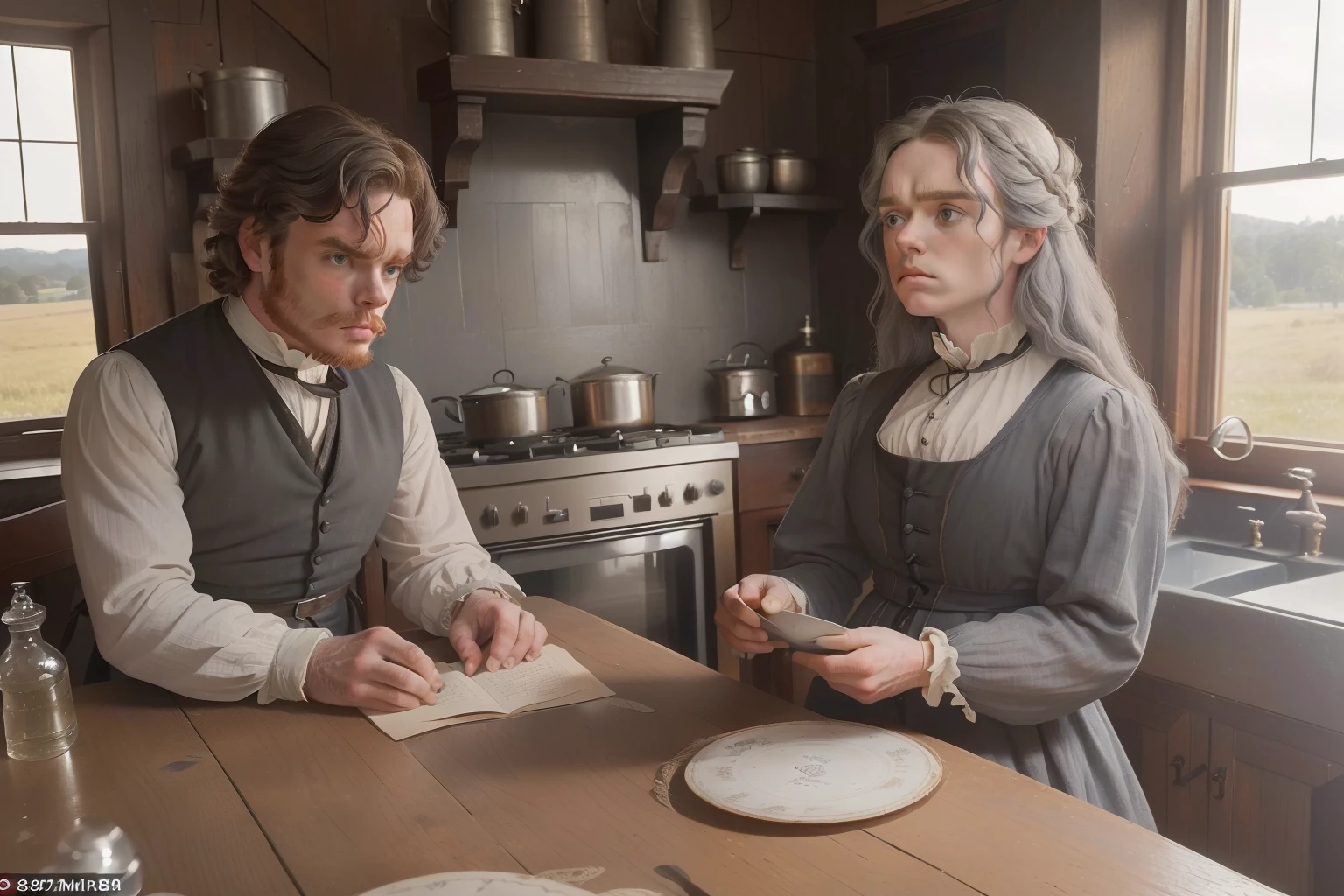 year: 1862. Location: Rock Island, Illinous. Pre-Raphaelite (((44-year-old Richard Madden))), ((overweigth)), ((grey hair)), with Dakota Fanning, kitchen, ((sad, worried look)), ((((rural Clothing from the 1860s)))) ((Hairstyle of the 1860s)), ((("OMITB" cinematography)))