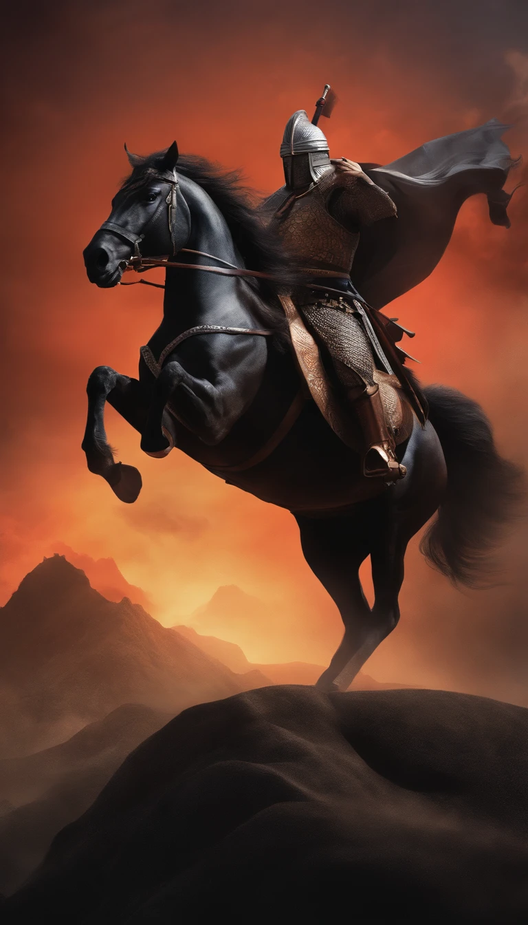 in a panoramic view，magic realism， anime big breast，Masterpiece, hyper HD, Super detail, High details, Best quality, A high resolution, A high resolution, Award-Awarded, Award-Awarded, Anatomically correct, 8K，），（Portrait of a noble knight：1.5，Dignified），（A man on horseback：1.5，Sword in hand, poster art inspired by Kanō Hōgai, trending on pixabay, Renaissance, Solomon Kane, As Solomon Kane, the third horseman, samurai movie poster, Wuxia, horse warrior, Tim BradStreet, vampire hunter d, Horseman of Apocalypse, genghis khan, arabian samurai）