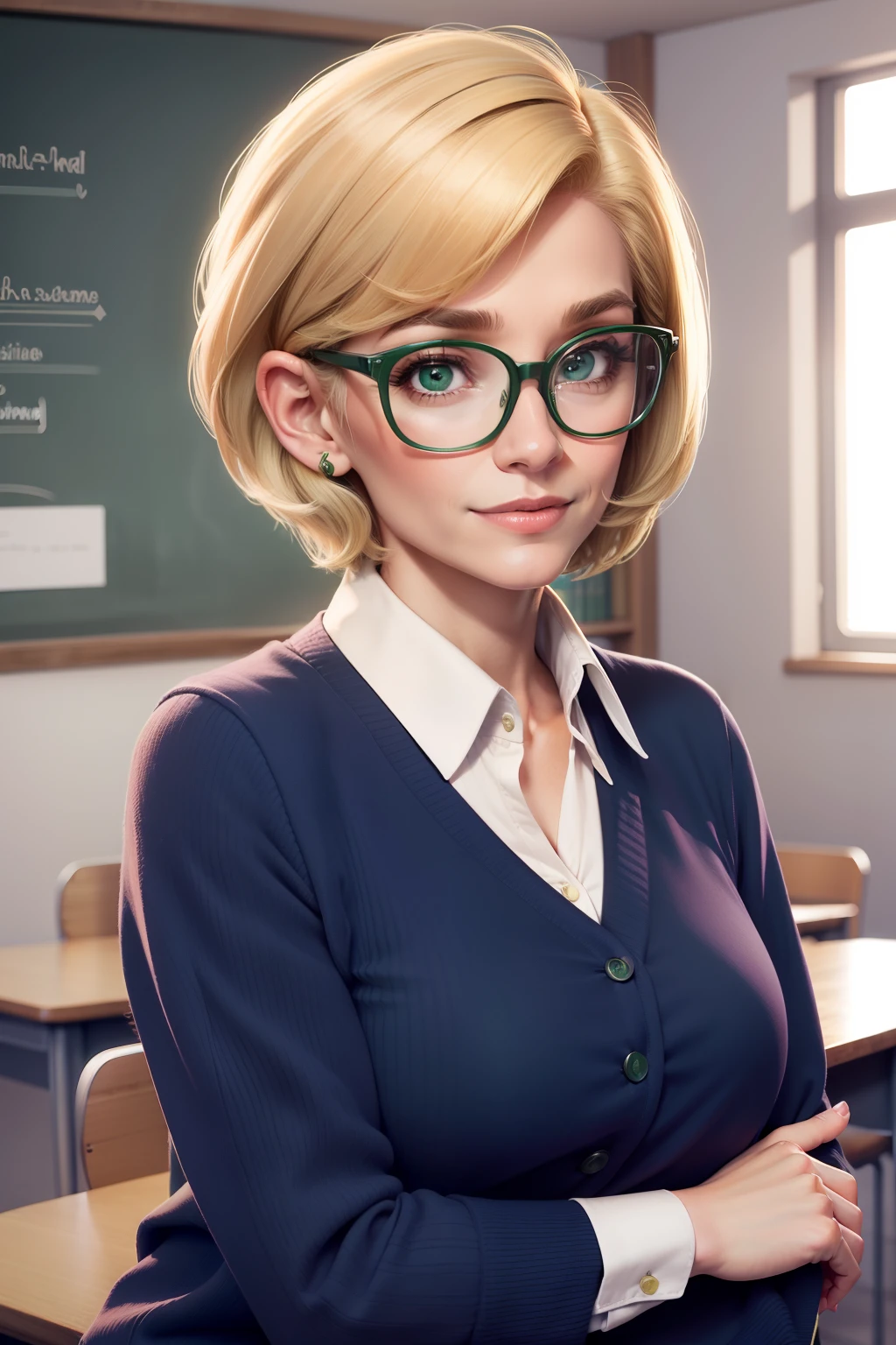 Professora de 45 anos em sala de aula. Short blonde hair wearing glasses and green eyes