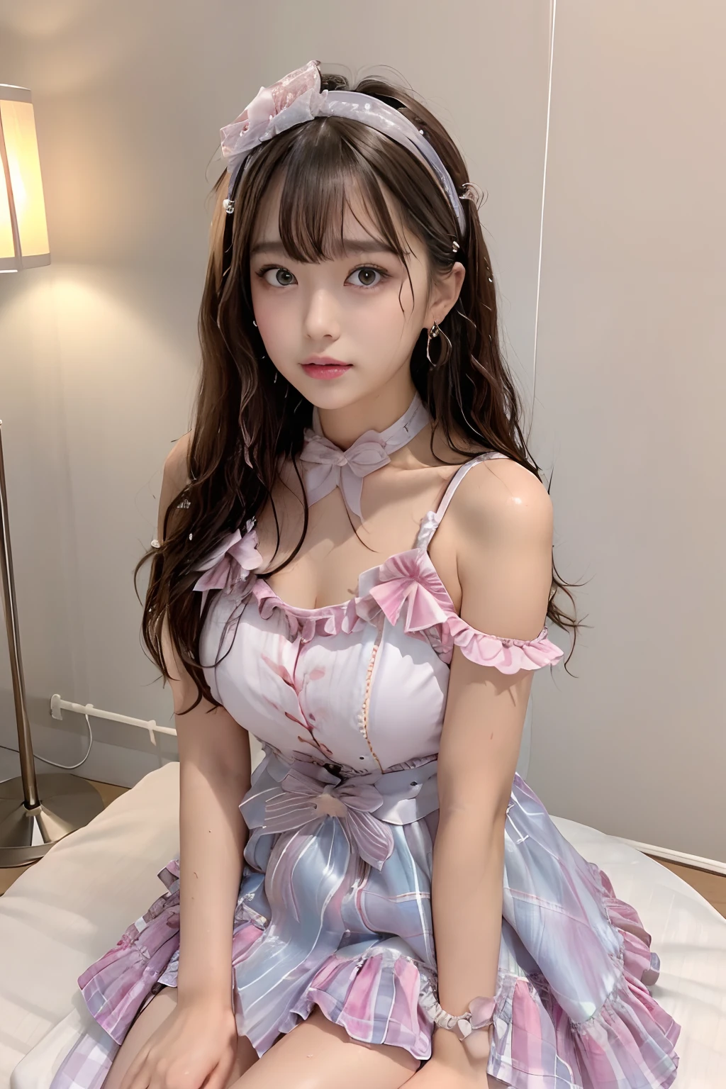 Japan girl gets wet with water:1.2、Detailed eyes, symmetrical eye, Light brown eyes, Double eyelids, Thin eyebrows, (Glossy lips:1.2), (Sleepy face:1.2), (blush:1.1), (Small hair accessories that sparkle、Cute and sparkly earrings:1.1), BREAK, (Classy and cute girl:1.3), 、Sweating、Sweating on the face、Bare skin gets wet with sweat、Wearing a wet dress:1.2、Wet body:1.2)、(Face gets wet、Lips that get wet、Bare skin that gets wet、Detailed Big Eyes、)、Slender body:1.2、abdominals:1.1、low angles、sit a chair、full body Esbian、brightly lit room、A dark-haired:1.1