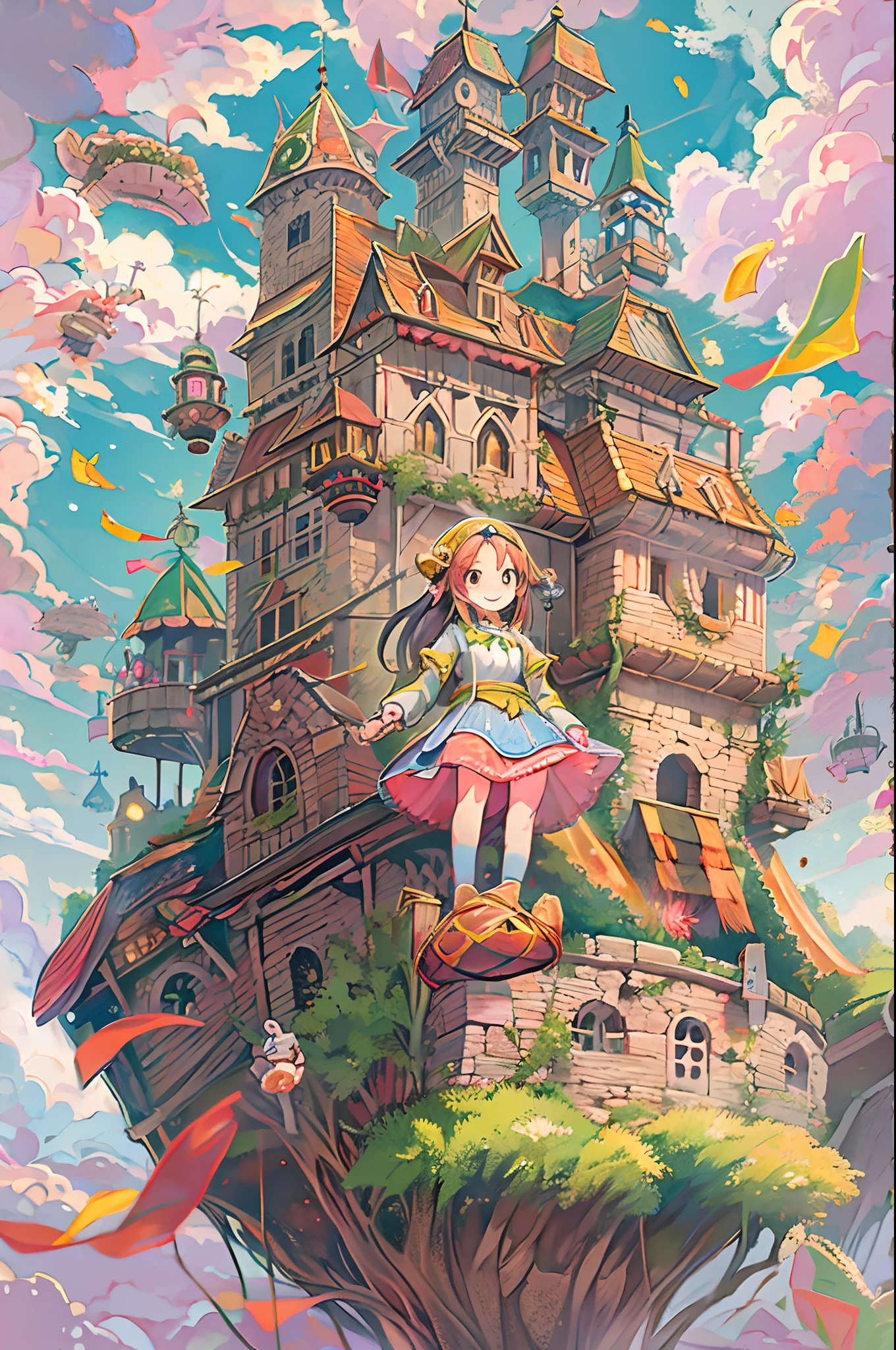 Flying castle, Full of air,Two girls、huge smile