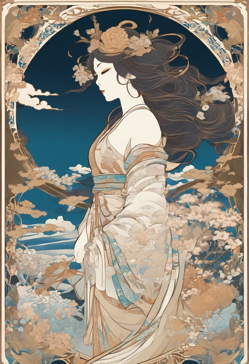 Kikuryōhime Hakuzan, The goddess standing on the white mountain of the white mountain. Kikurihime's background is a cloudless blue sky。