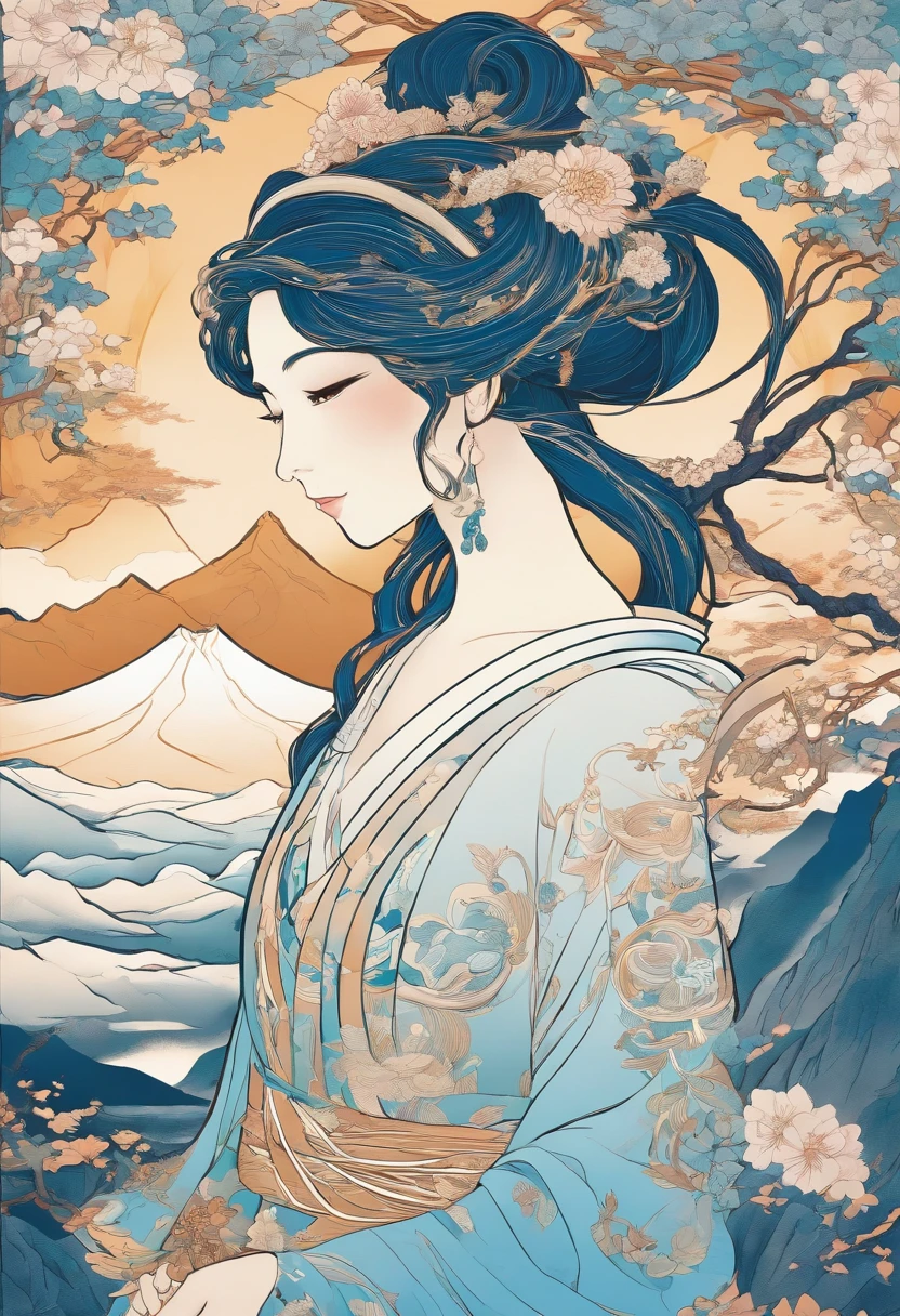 Kikuryōhime Hakuzan, The goddess standing on the white mountain of the white mountain. Kikurihime's background is a cloudless blue sky。