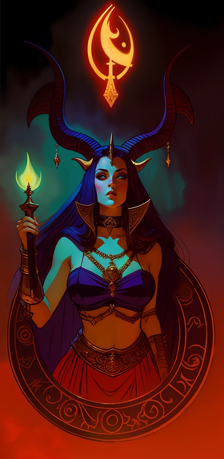 Ritual, [colorful|vibrant] drawing of a (Pagan Woman wearing goat skull mask), devil tail, seductive pose, Pentagram, religious symbolism, in dark fantasy forest, (wearing skimpy tribal clothing), beads, charms, bold colors, dynamic composition, (by Philippe Druillet and Hajime Sorayama:1.1)
