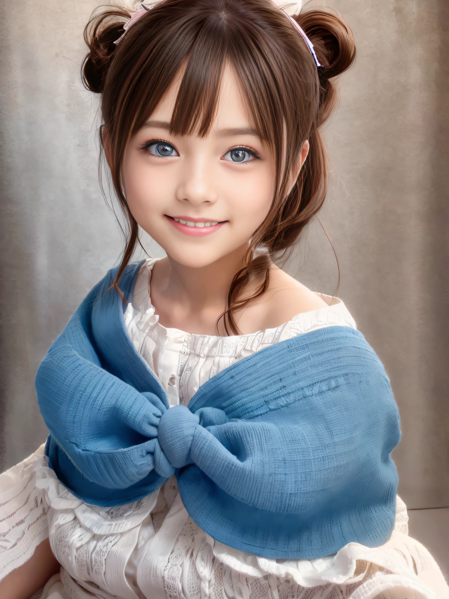 Smiling smile、Beautiful facial features,cute little、poneyTail,Brown hair,blue eyess,Large ribbon,vivd colour,Soft lighting
