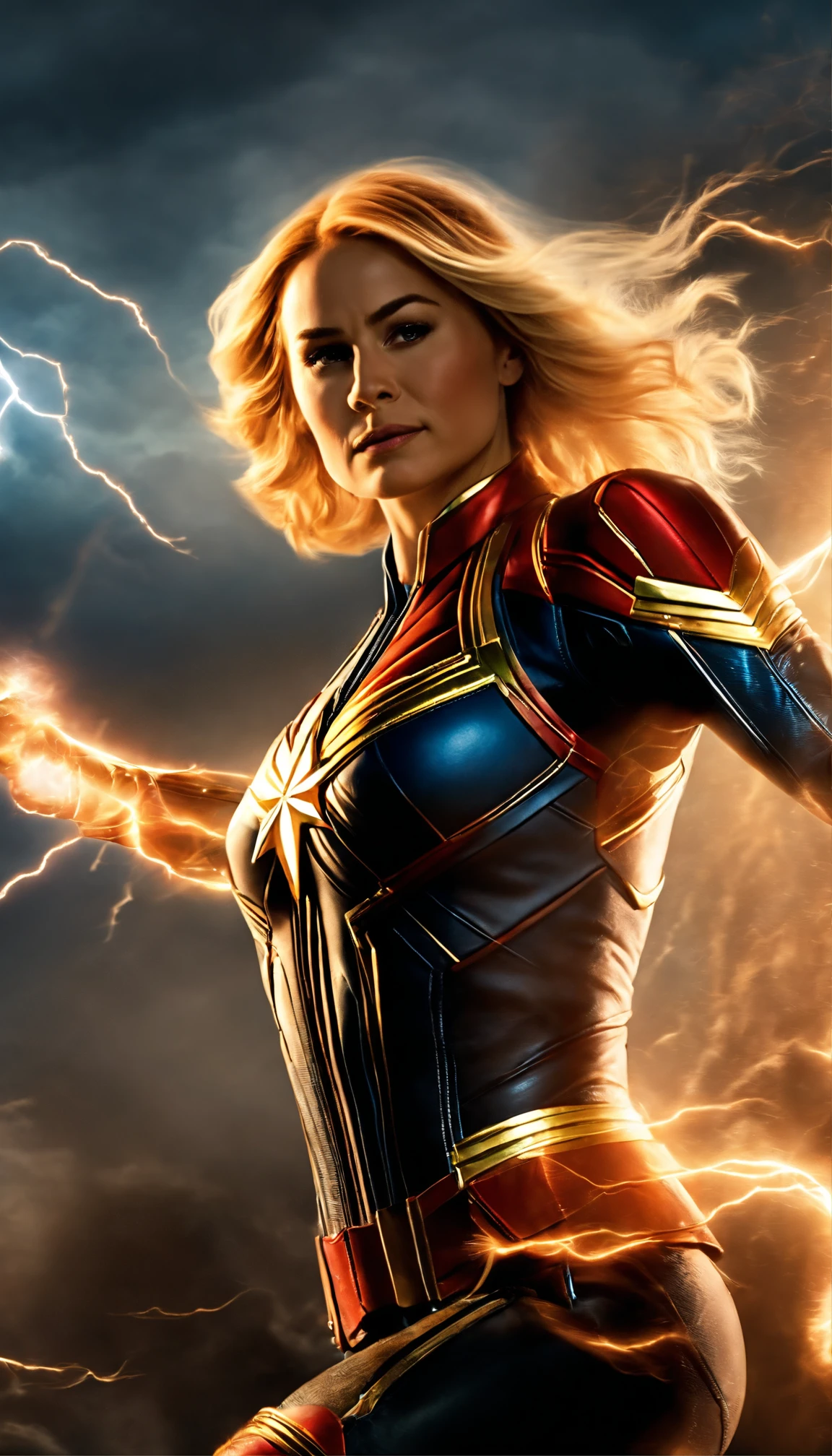 No campo de batalha da tempestade, A woman dressed in a Captain Marvel costume wields a weapon infused with the power of the fire element.( Lightning danced beside her), Echoing the strength of his determination,Because she embodies the power of the forces of nature in battle and the official art, Papel de parede 8k, ultra detalhado, Beautiful and Aesthetic, Beautiful, master part, best quality,(Foco nas coxas para cima),rosto claro,olhos detalhados,(vento,Flowing strands of hair,Fluttering skirt),