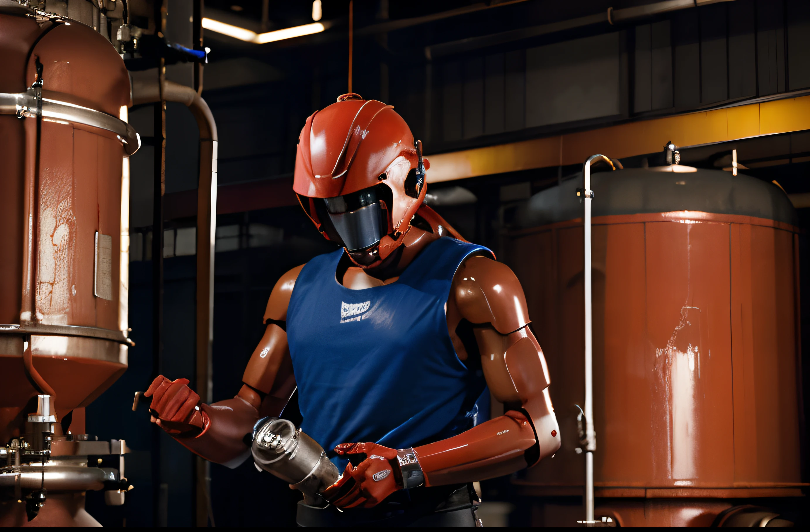 red color robot humanoid male working in a refinary closing a valve in a blue tank
