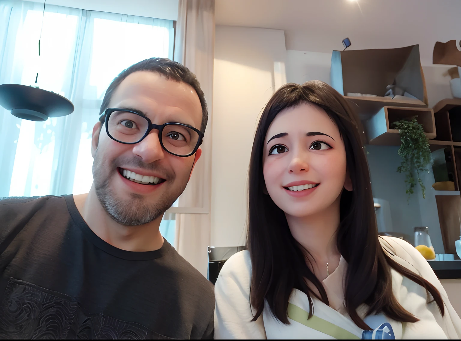 casal sorridente em uma cozinha com uma janela e uma luz, In Sao Paulo, Directed by: Nandor Soldier, Directed by: David Rubi, Directed by: Tom Wänerstrand, por Romain brook, Directed by: Luis Miranda, Sakimichan e Frank Franzzeta, Captured not iPhone, Ayanamikodon e Irakli Nadar, Directed by: Judith Gutierrez