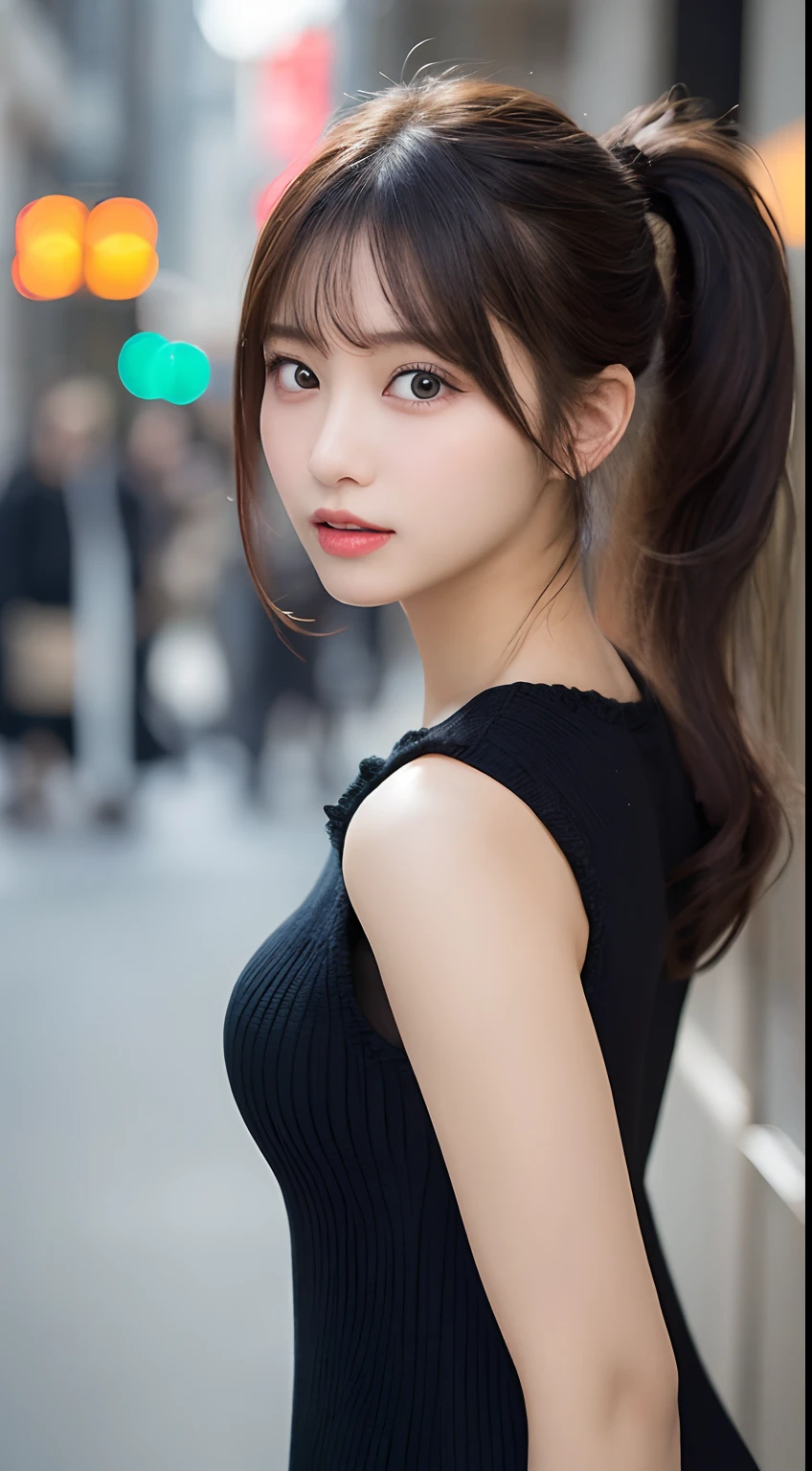 finely detail, hight resolution, hightquality、Perfect dynamic composition, Beautiful detailed eyes, Medium Hair, small tits、Natural Color Lip,Kamimei、Shibuya、20 years girl、1 persons、Transparent skin、Glowing hair、masutepiece, Best Quality, Illustration, Ultra-detailed, finely detail, hight resolution, 8K、The correct state of the human body、Randomly cute poses,Ponytail hair,beauty legs,Perfect beautiful face,KPOP Idol Face,Face that feels ecstasy,Black knitted dress,Background blur,Randomly do sexy poses,natta