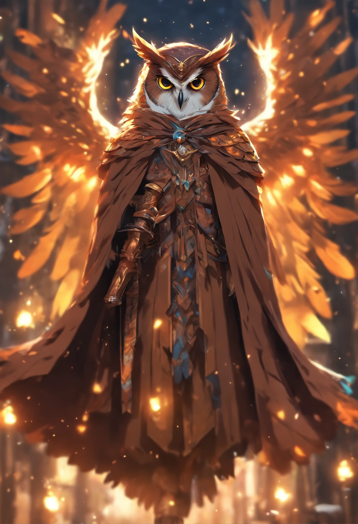 Owl wizard with bigger wings wearing a brown cloak, Fantasy Art Behance, unreal engine, illustration art, masterpeace, best quality