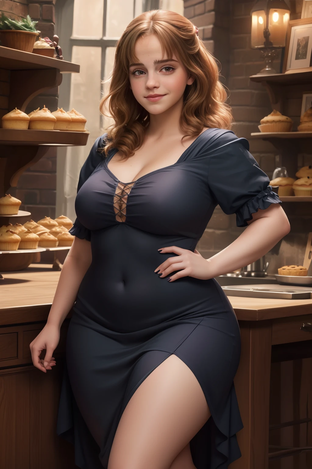 masterpiece, (photorealistic), (8k wallpaper) , (best quality), perfect quality, solo, (detailed eyes:0.9), Ermione, adult, eating muffin, small smile, sexy, very beautiful face, curvy, chubby, fat rolls, belly rolls, soft, pink yule dress, see-through dress, muffin top, big deep navel, tight dress, love handles, thunder thighs