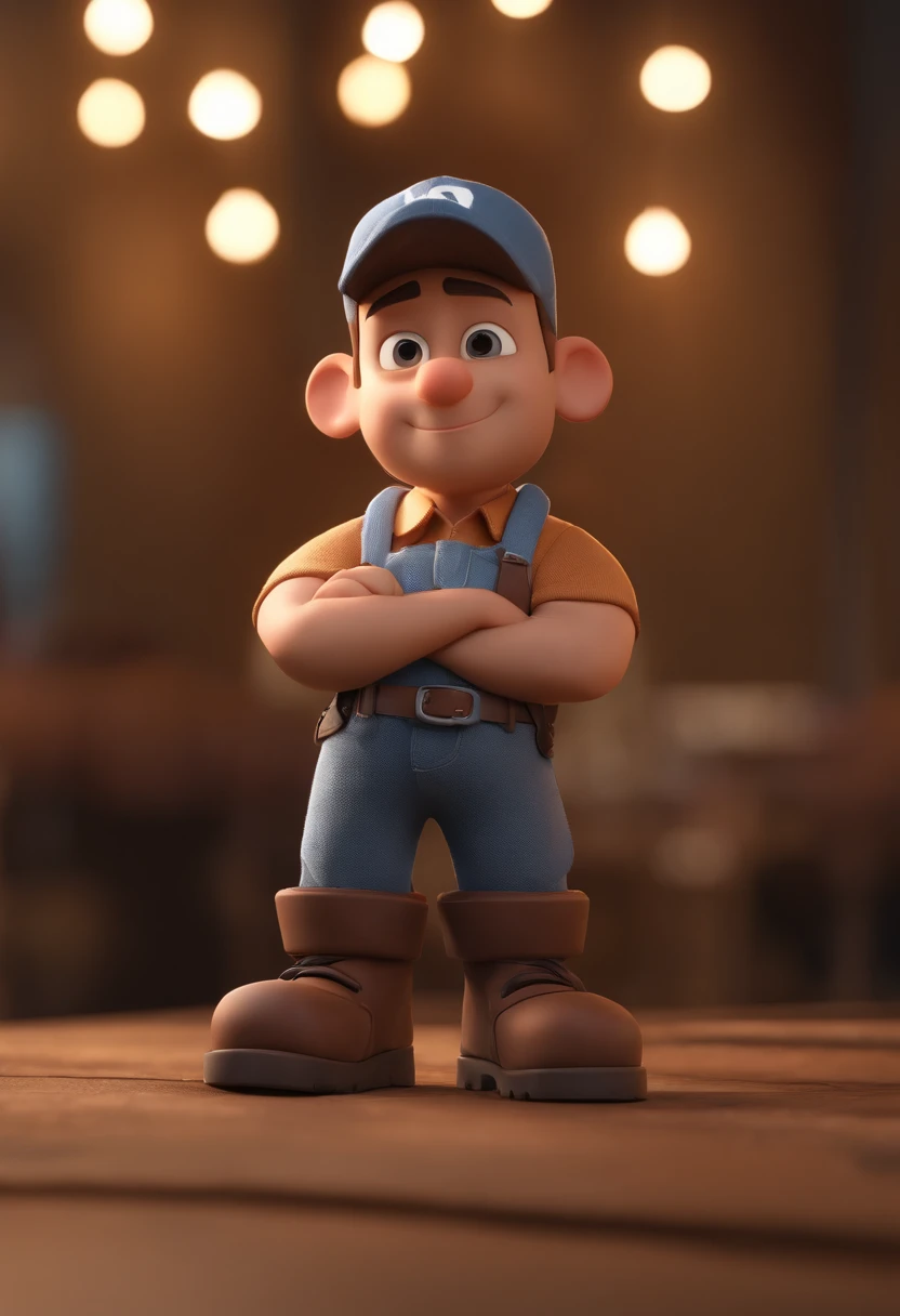 Cartoon character of a man in Yanks cap and a gray shirt with an engine design on this t-shirt, animation character, Caractere estilizado, animation style rendering, 3D estilizado, Arnold Maya render, 3 d render stylized, toon render keyshot, Personagem 3D, Personagem 3D, 3d rendering stylized, 3 d character render, personagem de desenho animado, Personagem de close up, Pose de personagem,  (Estilo Pixar) (master part:1.2) (Bokeh) (best quality) (pele detalhada) (textura detalhada) (8k) (argila) (Cinematic lighting) (foco nítido