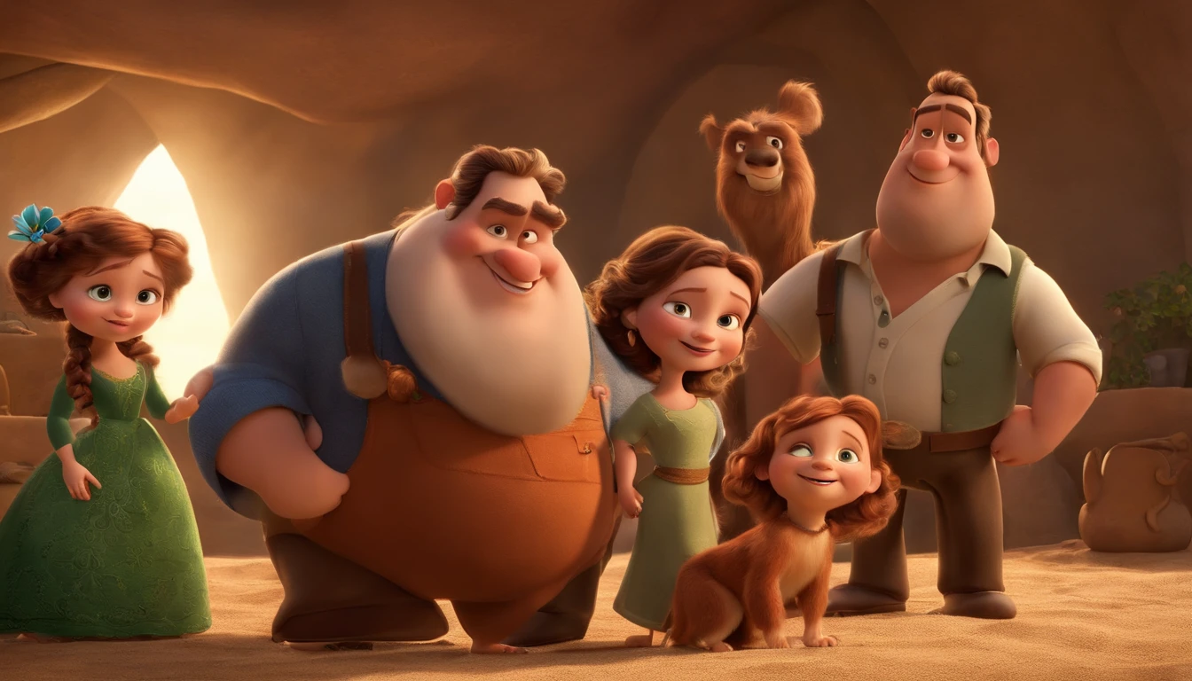 a Disney Pixar movie poster showing a white-skinned family. The father is the tallest, Tem barba curta, loiro, cabelos curtos e espinhosos. The mother has brown eyes and hair, shoulder-length and is slightly overweight. A tem 4 anos e cabelos castanhos, roupa rosa e rabos de cavalo. The background is a beach garden. 3D-rendering