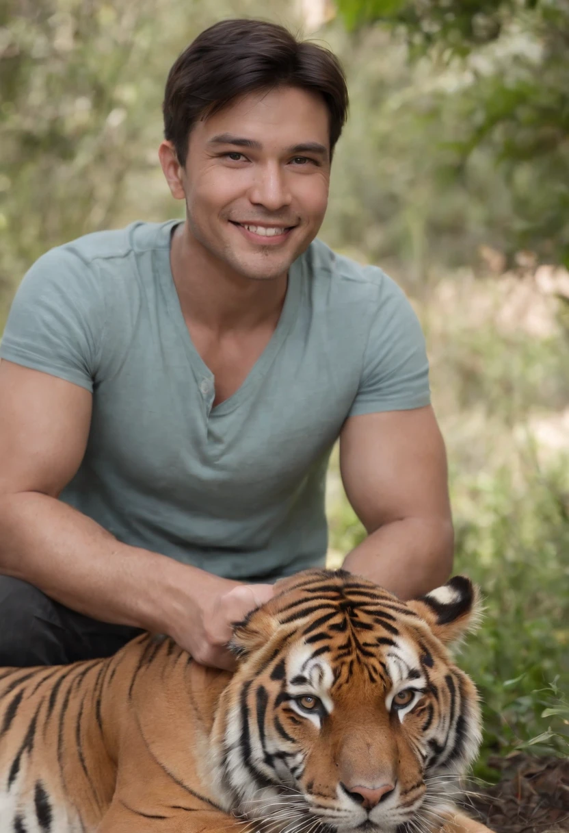 There is a vietnamese man with smile feeding tiger when posing for a photo, inspirado em Ludovit Fulla, Avatar do Second Life, Gorjetando seu fedora, inspirado em Luca Zontini, bonito impressionante realista, inspirado em Maximilian Cercha, Christian, inspirado em Ramon Pichot, inspired by Kristian Kreković, inspirado em Adam Dario Keel, chilled out smirk on face