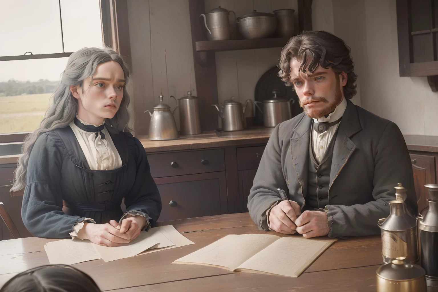year: 1862. Location: Rock Island, Illinous. Pre-Raphaelite (((44-year-old Richard Madden))), ((overweigth)), ((grey hair)), with Dakota Fanning, kitchen, ((sad, worried look)), ((((rural colored Clothing from the 1860s)))) ((Hairstyle of the 1860s)), ((("OMITB" cinematography)))
