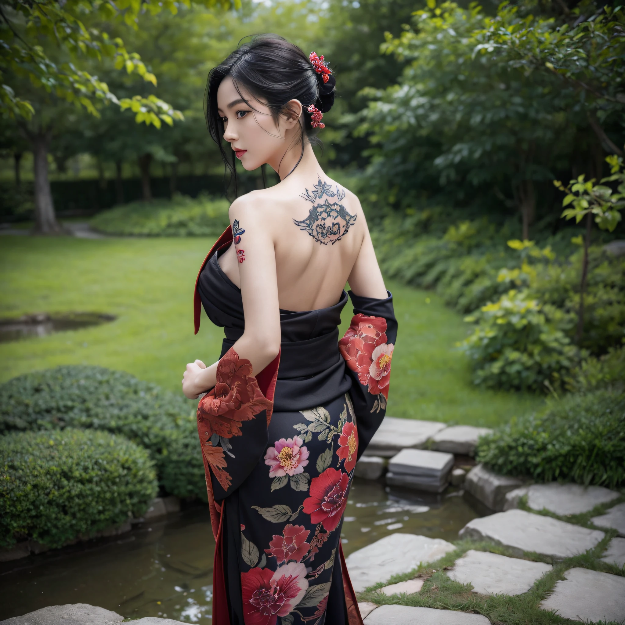 Masterpiece, Top quality, Best quality, offcial art, Beautiful and aesthetic:1.2),1girll, tattoo, Solo, Japanese clothes, red and black kimono, hair adornments, unsheathed, Black hair, scabbard, Back tattoo, Dragon tattoo, Blue eyes, cropped shoulders, Bare shoulders, Looking back, From behind, flower, view the viewer, Holding, Makeup, En plein air,