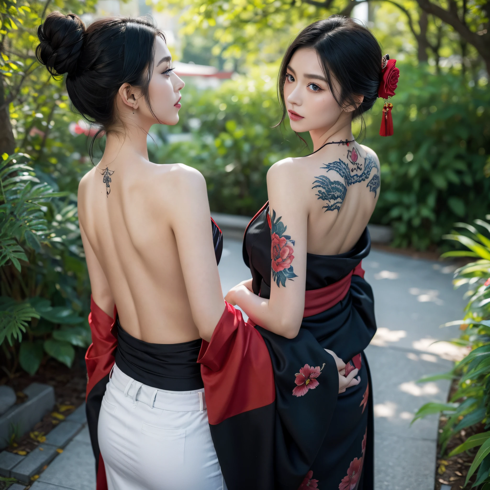 Masterpiece, Top quality, Best quality, offcial art, Beautiful and aesthetic:1.2),1girll, tattoo, Solo, Japanese clothes, red and black kimono, hair adornments, unsheathed, Black hair, scabbard, Back tattoo, Dragon tattoo, Blue eyes, cropped shoulders, Bare shoulders, Looking back, From behind, flower, view the viewer, Holding, Makeup, En plein air,