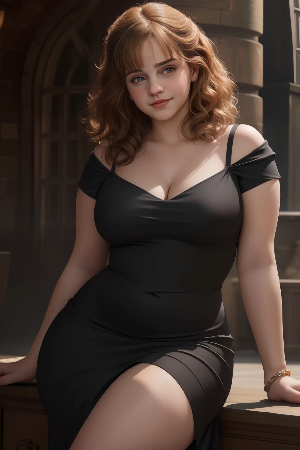 masterpiece, (photorealistic), (8k wallpaper) , (best quality), perfect quality, solo, (detailed eyes:0.9), Ermione, small smile, sexy, very beautiful face, curvy, cute face, chubby, fat rolls, belly rolls, soft, black dress, see-through dress, navel, muffin top, navel, tight dress, love handles, thunder thighs