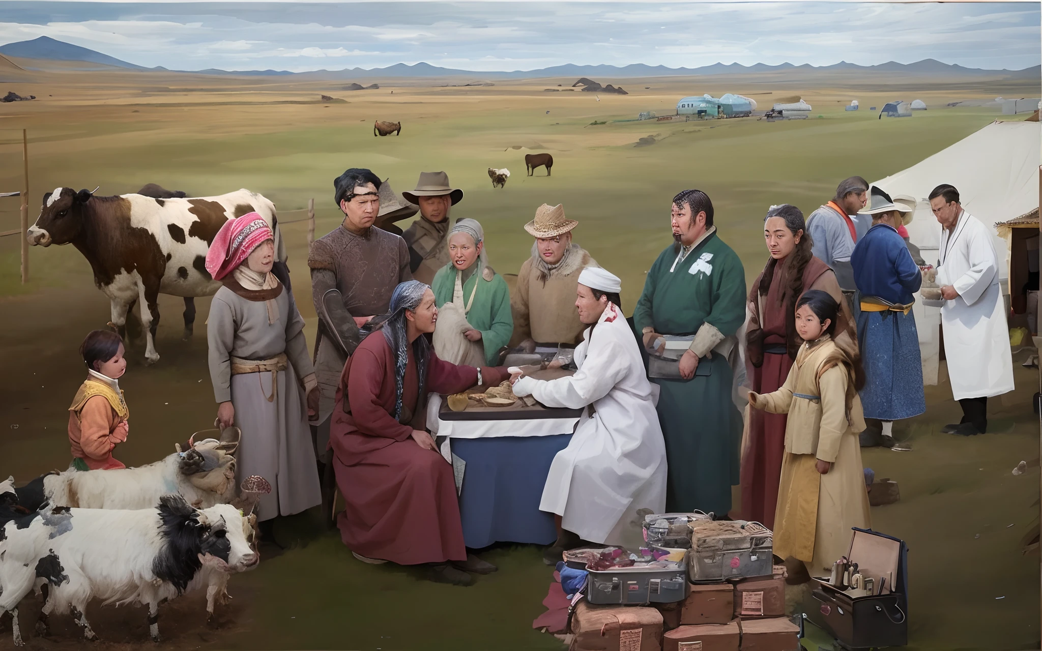 Painting of a group of people holding a cow standing around a table, ancient mongolian elon musk, Mongolia, sci - fi mongolian village, In the steppe, alexander abdulov, kent monkman, sergey krasovskiy, historically accurate, mongol, yulia nevskaya, maxim sukharev, alexey egorov, wondrous