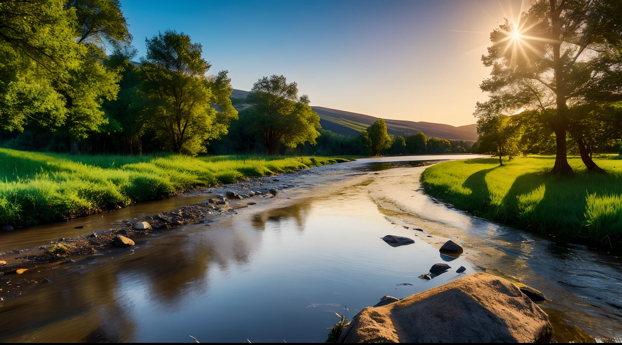 A realistic landscape, clean, without garbage nor contamination, sunny, beautiful, peacfull, HDR, grass, country, river, professional photo, winning award photo