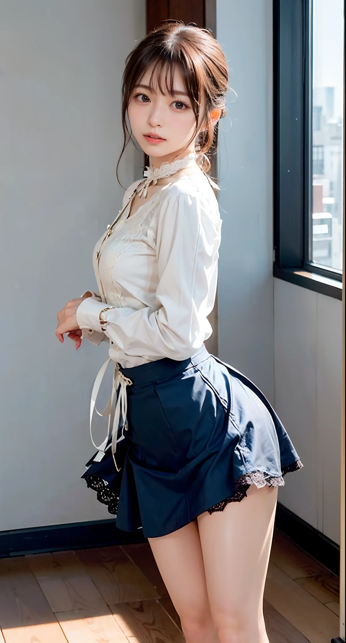 (((Kamimei、Mouth ajar))),(((((pencil skirts、Standing on one leg、Pale Navy Ballroom Skirt、White Lace-Up Blouse、high-heels))))),((In the office、In the company、In the reception room、frombelow))、masutepiece, 1girl in, best qualtiy, Ultra Detail, (shiny), (Small)、(((with blush cheeks,))),Ray tracing,Perfect Lighting, (milky skin:1.2),reflection, up looking_で_viewer, blush, bow ribbon, yellow_Eyes, White choker, Low_Twin-tailed、Japan's cutest 28-year-old beautiful girl、Small ribbons in the hair、Contrast Legs