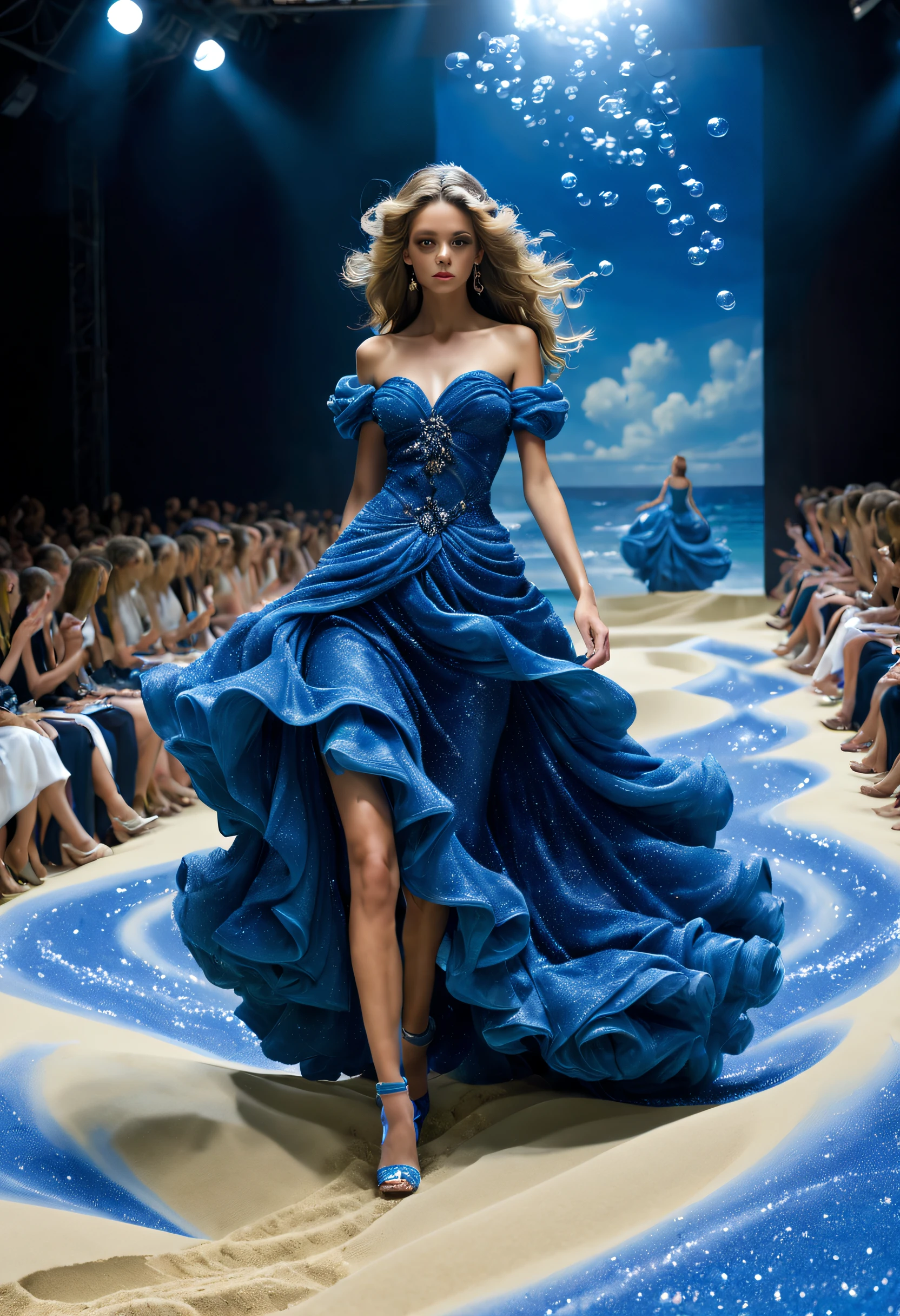 (Photo of female model walking the catwalk in sapphire blue ocean haute couture),Haute couture, Witch clothes,The scene of the Paris fashion show,Catwalk scene,(full bodyesbian:1.37).nice shoes,Sand and foam, dust kicked up,Clothes blue swirls swirl like bubbles, (Absurdly long hair:1.37),
Background with:The stepped stage is covered with fine sand,
inside in room:Catwalk scene, (((Runway scene))),The stage is covered with fine sand,Jupiter,Recife,Sand and foam, dust kicked up,Blue swirls swirl like bubbles, Ray tracing, god light, hyper HD, A masterpiece of anatomical knots,It can give texture to the skin, Super detail, High details, High quality, Award-Awarded, Best quality, A high resolution, 8K,Catwalk scene,Shoot from the bottom up,Find it in Ultra HD, Masterpiece, Charming eyes,Anatomically correct, Textured skin, Super detail, Award-Awarded, Best quality, 8K Vision, Catwalk, Realistic, Fantasyart,