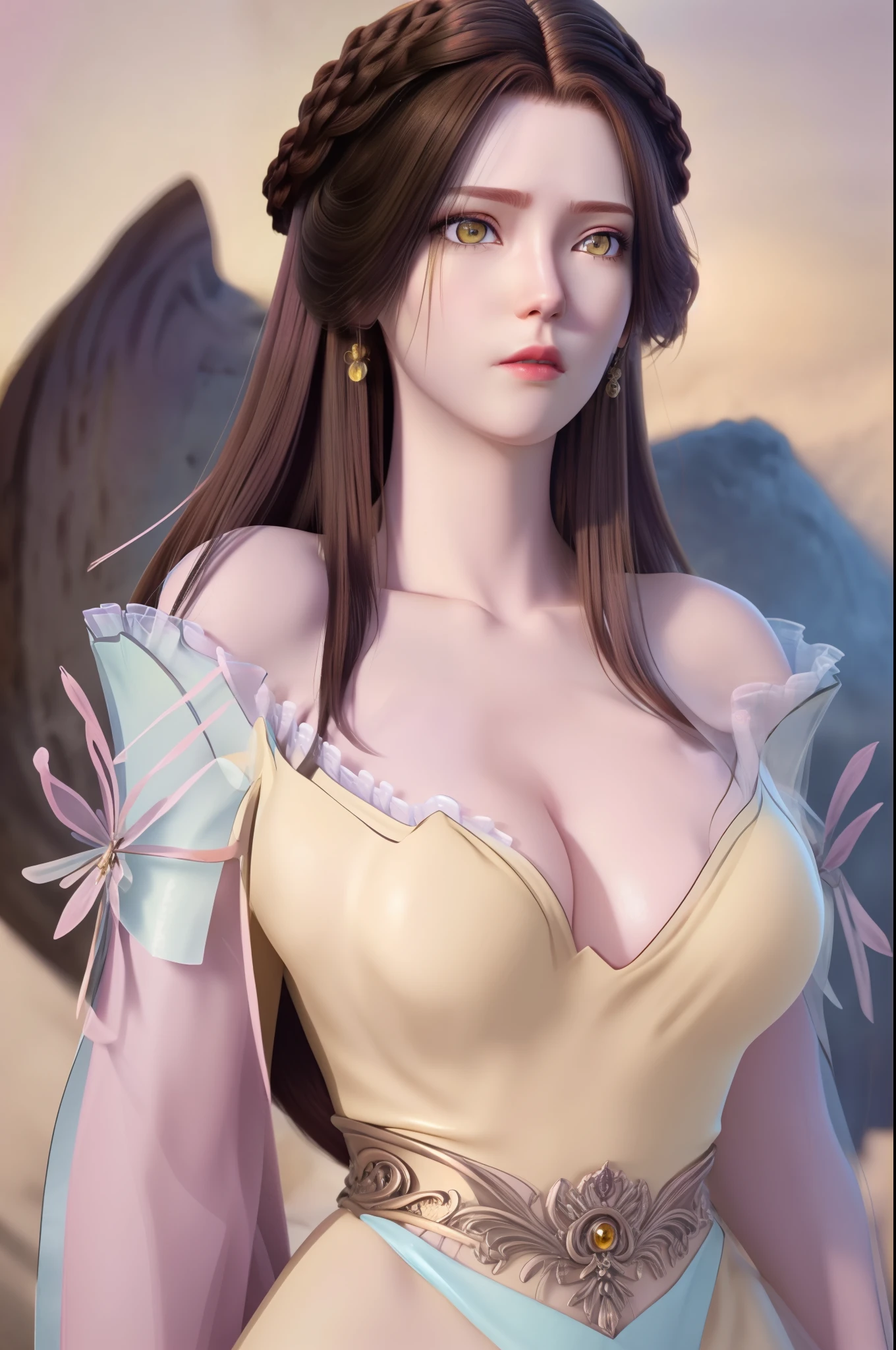 (hyperrealistic girl), (illustration), (high resolution), (8K), (extremely detailed), (best illustration), (beautiful detailed eyes), (best quality), (ultra-detailed), (masterpiece), (wallpaper), (photorealistic), (natural light), (rim lighting), (detailed face), (high detailed realistic skin texture), (anatomically correct), (solo), (1 girl), (high detailed realistic hair), (caramel hair:1.35), (heterochromic eyes), (detailed eyes), (light yellow eyes:1.37), (sparkling eyes), (realistic big breasts:1.5), (exposed nipples breasts:1.35), (long legs), (slender abs), (dynamic pose), (closed tiny mouth:1.3), (nsfw), (concentrated expression), (topless), (natural pink lipstick:1.3)
