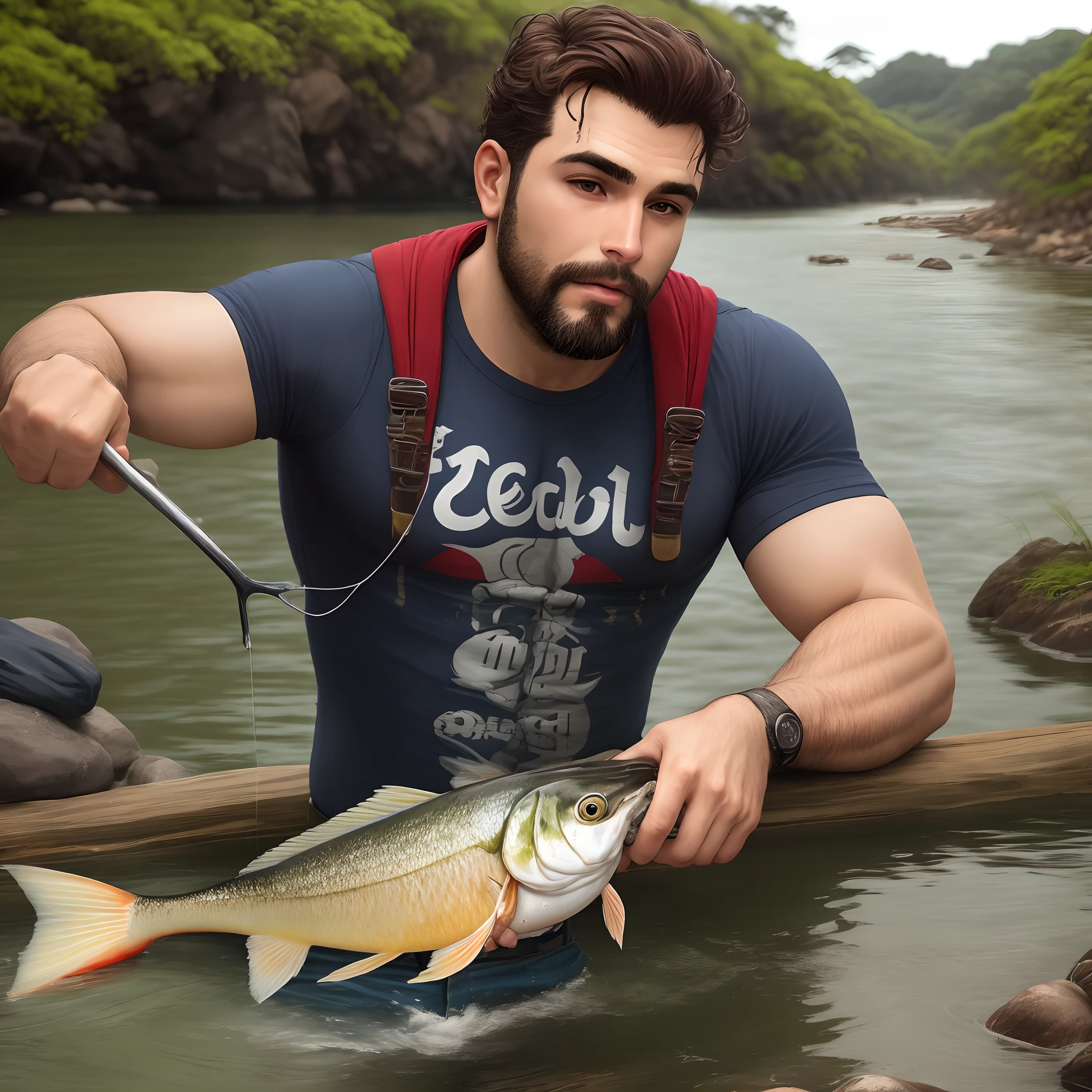 Homem alto, forte do cabelo vermelho e encaracolado, pescando a beira do rio, tomando uma lata de cerveja.