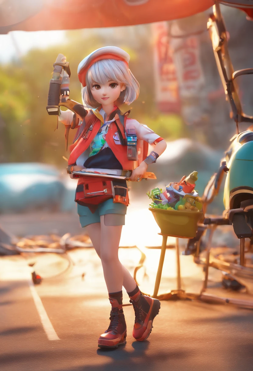 ((((master part)))), alta qualidade, muito_High_resolution, grande_tamanho do arquivo, Colorido, , bustling alien markets, Kids Dancing Street Dance. The protagonist is a stunning girl of superior body 1 person blonde bob short silver smile, mechanized arms. vestindo uma regata branca, shorts jeans angustiados, Botas de Engenheiro, e andar de bicicleta off-road. beleza,