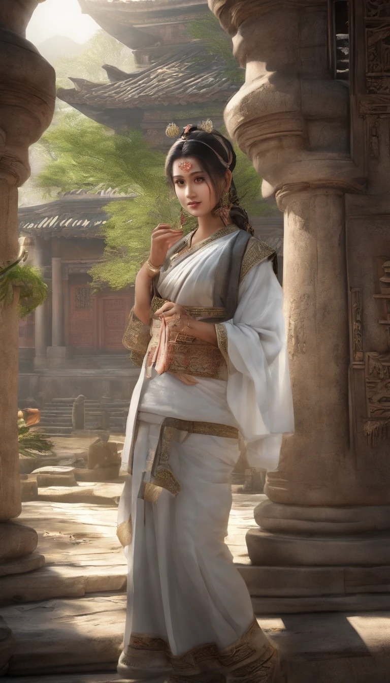 Quaint Han Dynasty style temple，Muslims meditate in front of the temple（closeup cleavage），Meditate，zazen，A meditative（pakistan landscape painting），（ink and watercolor painting），（8k wallpaper），（light and shadow effect），rendering by octane，White balance design，Extremely detailed picture depiction，wide angles，depth of fields，tmasterpiece，realisticlying，Beautifully depicted，A detailed，acurate，Works of masters，tmasterpiece