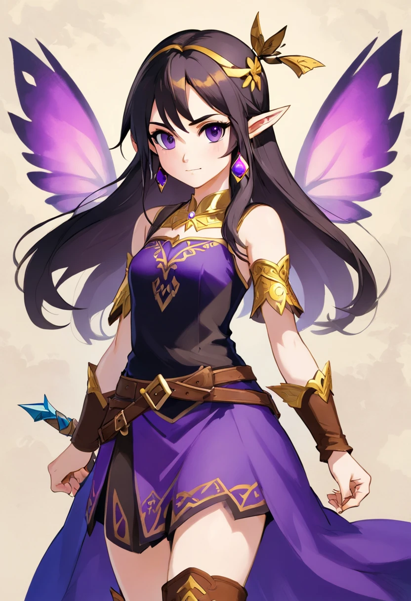 full body, person for the zelda game, black long hair with purple roots, purple shining eyes and long eye lashes, pale skin, Zelda fairy wings, butterfly make up, a short black-brown-purple dress with weapons and bags, brown leather boots, long pointy ears and golden earrings, a brown belt with two silver daggers on it, a scar on her left eye