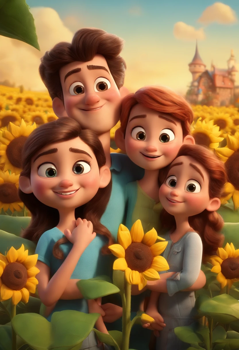 Create a Disney PIXAR-style 3D poster. ((centro da imagem, primos)), ((1 young person and 2 )) ((1 menina no meio e 1 jovem e 1 menino menor ao lado, They're hugging each other, O jovem tem pele clara e cabelos castanhos escuros e olhos castanhos escuros, a menina pele escura, olhos e cabelos escuros e cacheados, e o menino tem pele escura, olhos escuros e cabelos escuros e cacheados)) ((tudo isso no estilo Disney PIXAR 3D, In the background, A house of sunflowers, Gloria Studio, The garden is full of nature 3D render RTX clay material, estilo de design cartunesco, POP Mart, soft lighting, linhas suaves, Spring tilt, Detailed illustrations of PIXAR 3D, Detalhes hiper-realistas, cor quente no estilo Disney PIXAR 3D))