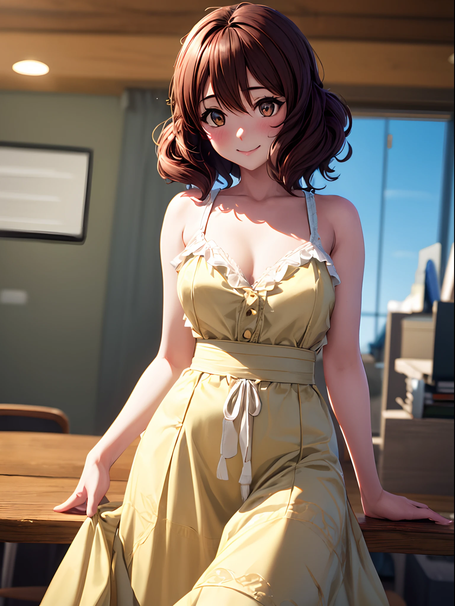 Ultra-detailed, hight resolution, one girls、full bodyesbian、Extremely detailed,Beautiful detailed girl,独奏、Kumiko Omae、Slimed、Beautiful brown eyes[8k picture:1.15],[Attractive eyes,A detailed eye、Colorful eyes、radiant eyes:1.25]、top-quality、 [3D images:1.15]、long  skirt、Cute smile、bob cuts、Cute no matter who looks at it, cowboy  shot、