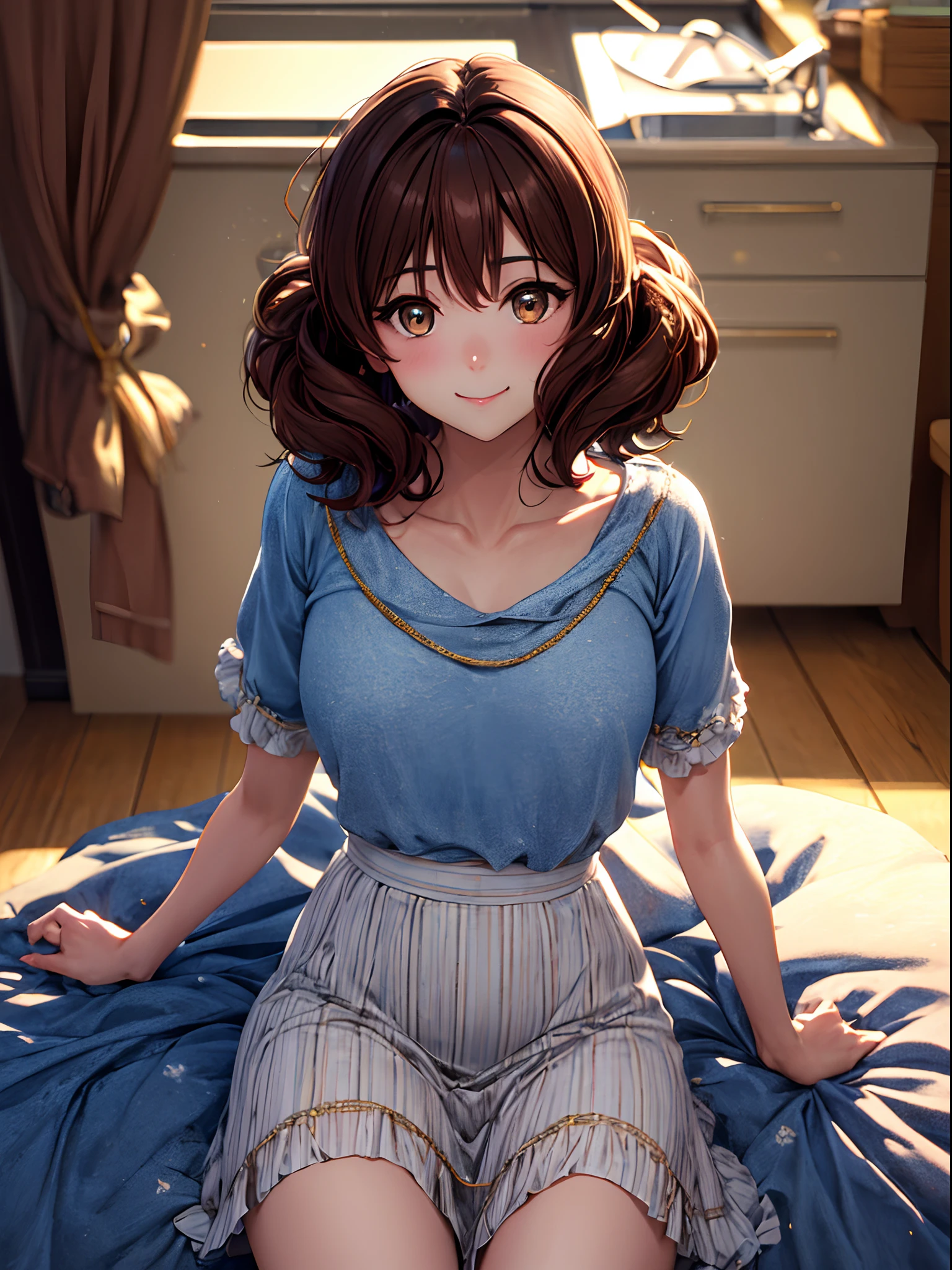 Ultra-detailed, hight resolution, one girls、full bodyesbian、Extremely detailed,Beautiful detailed girl,独奏、Kumiko Omae、Slimed、Beautiful brown eyes[8k picture:1.15],[Attractive eyes,A detailed eye、Colorful eyes、radiant eyes:1.25]、top-quality、 [3D images:1.15]、long  skirt、Cute smile、bob cuts、Cute no matter who looks at it, cowboy  shot、