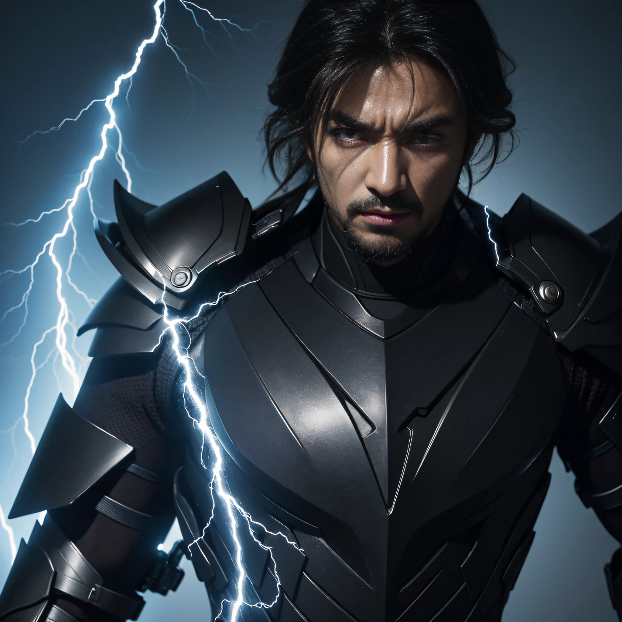 Masterpiece, Best quality, meticuloso, Ultra detailed, The face of a man with lightning and thunder, Anger, irate, supreme god, Smooth black armor