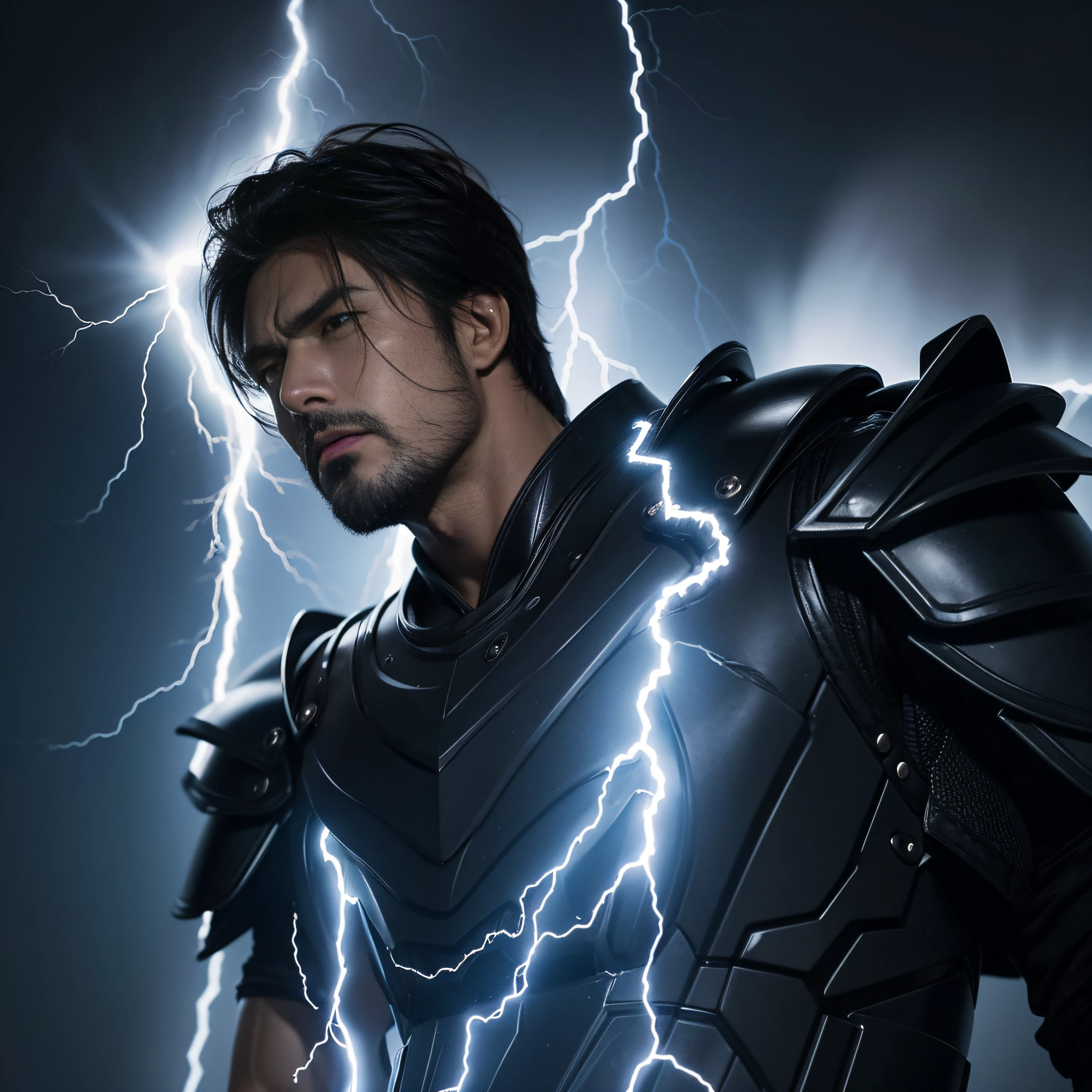Masterpiece, Best quality, meticuloso, Ultra detailed, The face of a man with lightning and thunder, Anger, irate, supreme god, Smooth black armor