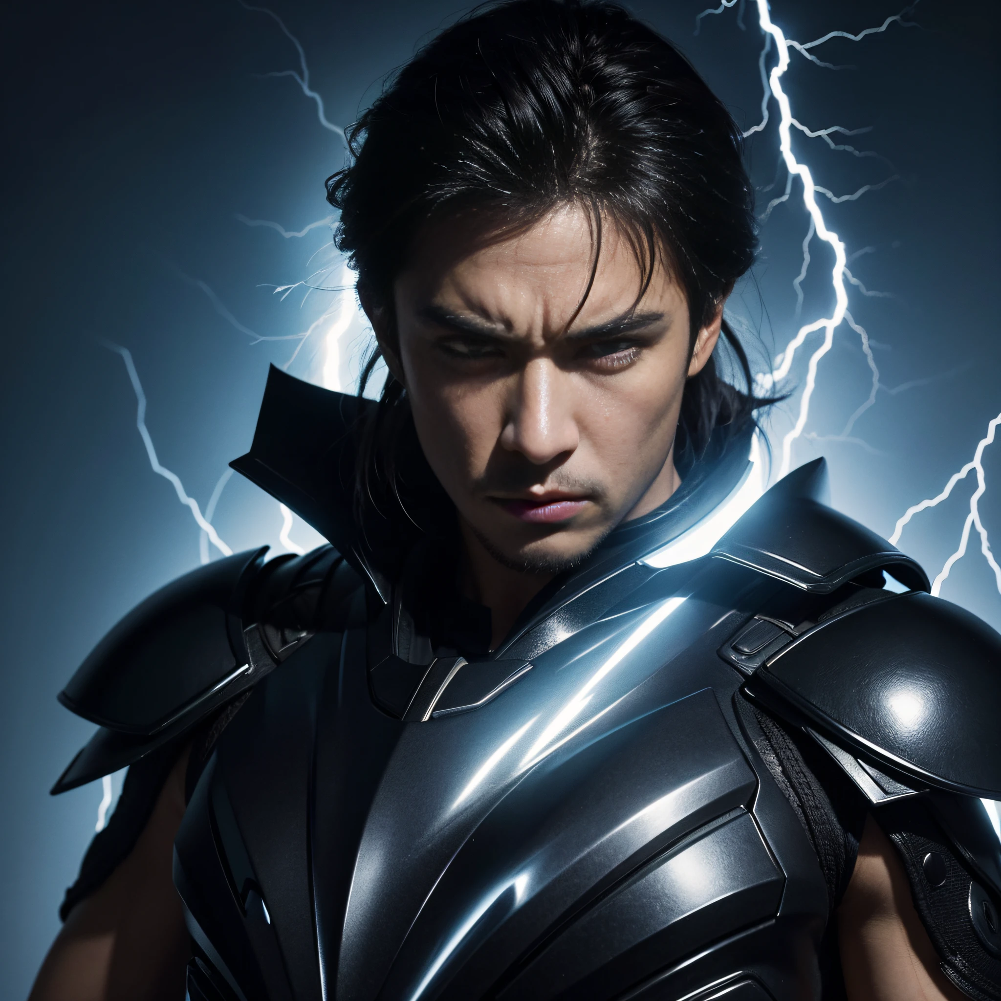 1 Male, A slim but muscular man, long hair with a slight curl, whole body,In his right hand he holds a Japanese sword,Brown eyes,(Black Mecha, Metallic Mecha), exquisite features, detailed feature, perfection , Dark Background, Field in flames, Technology Gate, Dimensional Portal, Photo Quality,Japanese Samurai Sensual,Grim expression,It rains,evening,Stay wet,The kimono is dark blue and damaged,