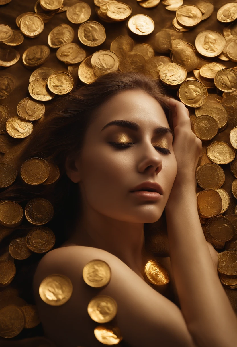 foto de arte, a photograph of a crying young woman plastered with gold dollar coins, air shot, luz solar deslumbrante, intrincado, espalhafatoso, translucent, Medium Scene, estilo de arte grotesco, extremamente criativo, simples e misterioso, alta qualidade, 8k