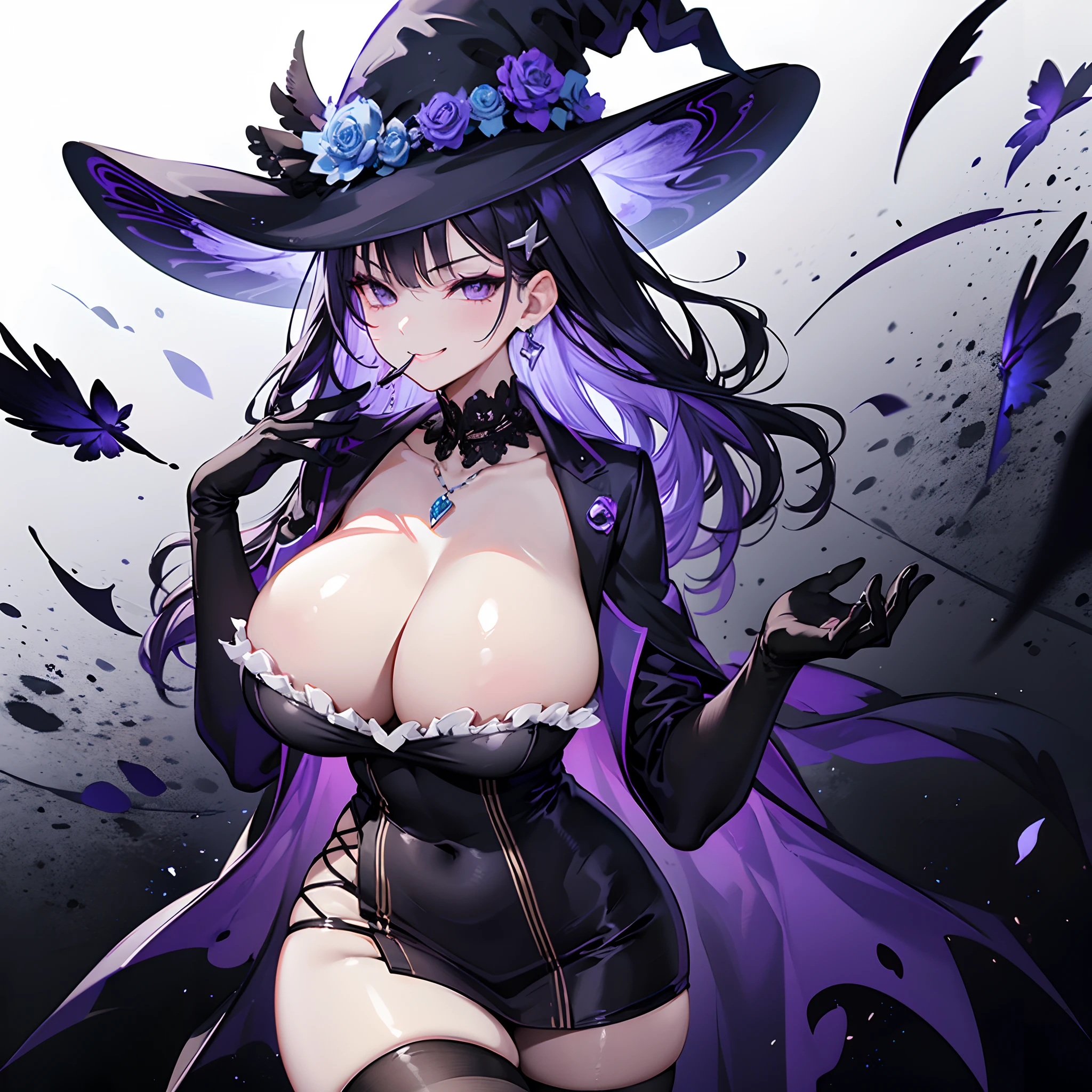 1 girl, solo, witch, mature woman, huge breasts, wide V-neck, bodytight top, milf, elegant hat, purple robe, black hand gloves, hand to mouth, purple eyes, violet hair, long hair, let down hair, necklace with purple gemstone, checked frilled black stockings, sadistic aura, smirk, black feather hair accessory