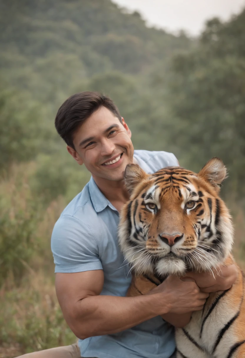 There is a vietnamese man with smile and feeding tiger when posing for a photo, inspirado em Ludovit Fulla, Avatar do Second Life, Gorjetando seu fedora, inspirado em Luca Zontini, bonito impressionante realista, inspirado em Maximilian Cercha, Christian, inspirado em Ramon Pichot, inspired by Kristian Kreković, inspirado em Adam Dario Keel, chilled out smirk on face