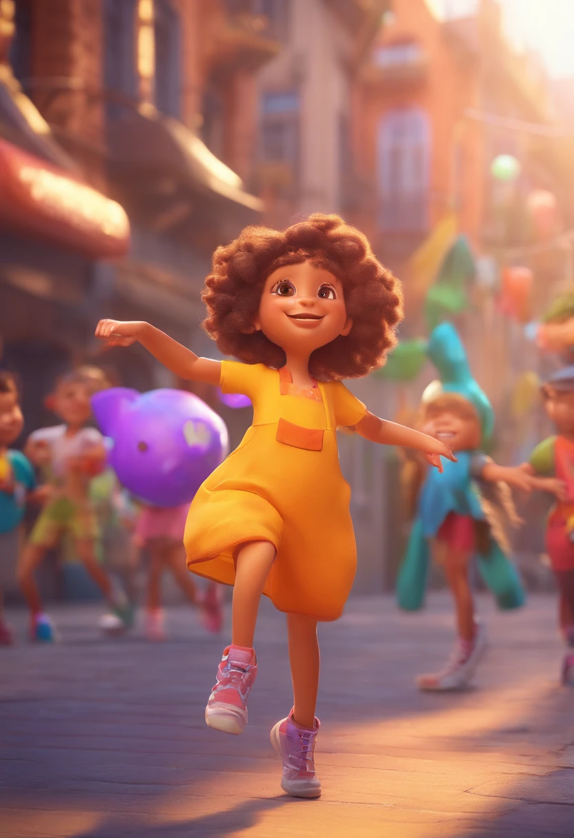 A prompt to create a Pixar-style 3D image that depicts children dancing street dance with joy and energy. Children should be wearing colorful, trendy clothing, Performing creative dance moves, with happy facial expressions. The scene should convey a sense of fun and excitement, Capturing the essence of street dance in a lively and enchanting way