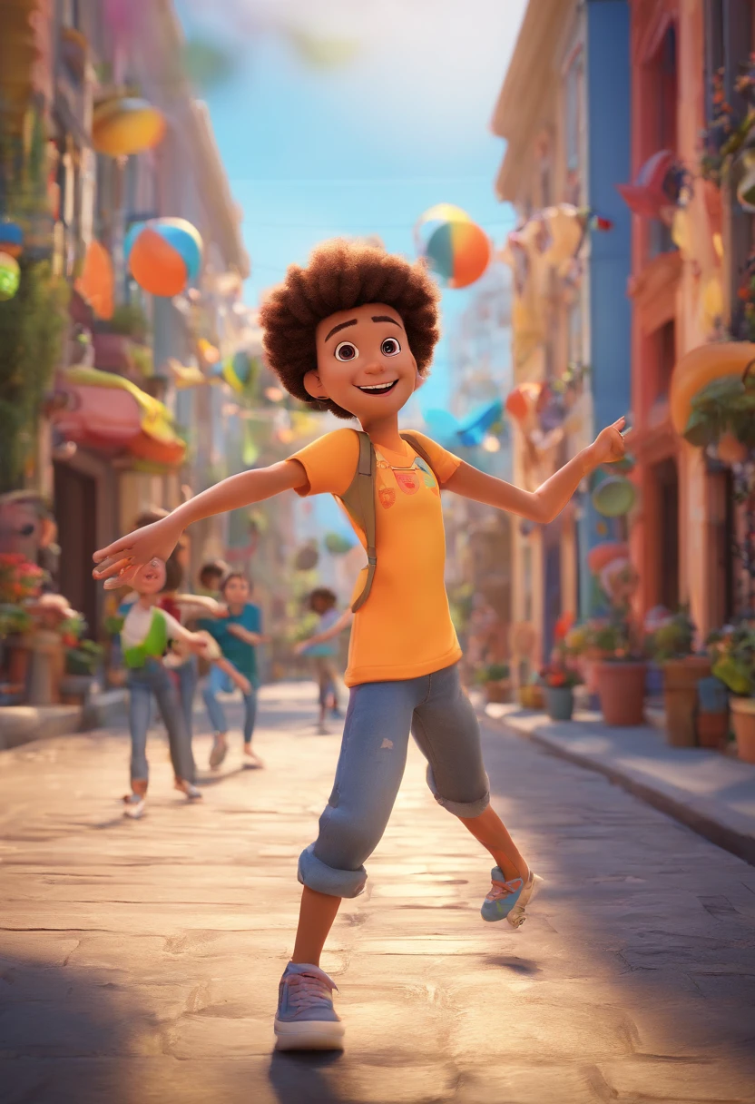 A prompt to create a Pixar-style 3D image that depicts children dancing street dance with joy and energy. Children should be wearing colorful, trendy clothing, Performing creative dance moves, with happy facial expressions. The scene should convey a sense of fun and excitement, Capturing the essence of street dance in a lively and enchanting way