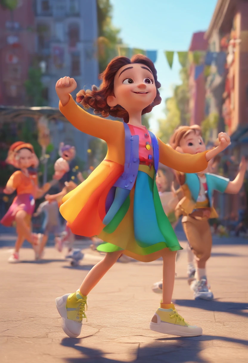 A prompt to create a Pixar-style 3D image that depicts children dancing street dance with joy and energy. Children should be wearing colorful, trendy clothing, Performing creative dance moves, with happy facial expressions. The scene should convey a sense of fun and excitement, Capturing the essence of street dance in a lively and enchanting way