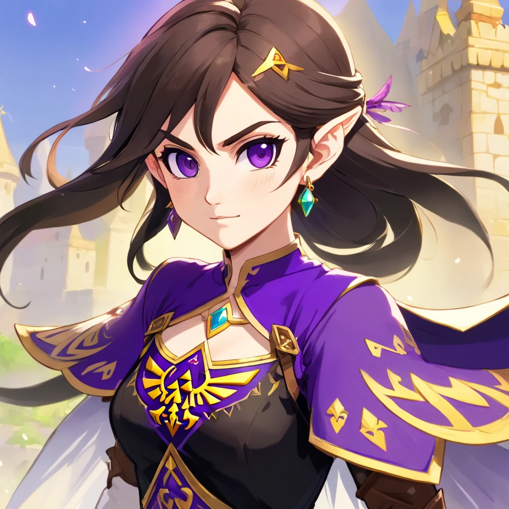 full body, person for the zelda game, black long hair to the feet with purple roots, purple shining eyes and long eye lashes, pale skin, Zelda fairy wings, butterfly make up, a short black-brown-purple dress with weapons and bags, brown leather boots, long pointy ears and golden earrings, a brown belt with two silver daggers on it, a scar on her left eye