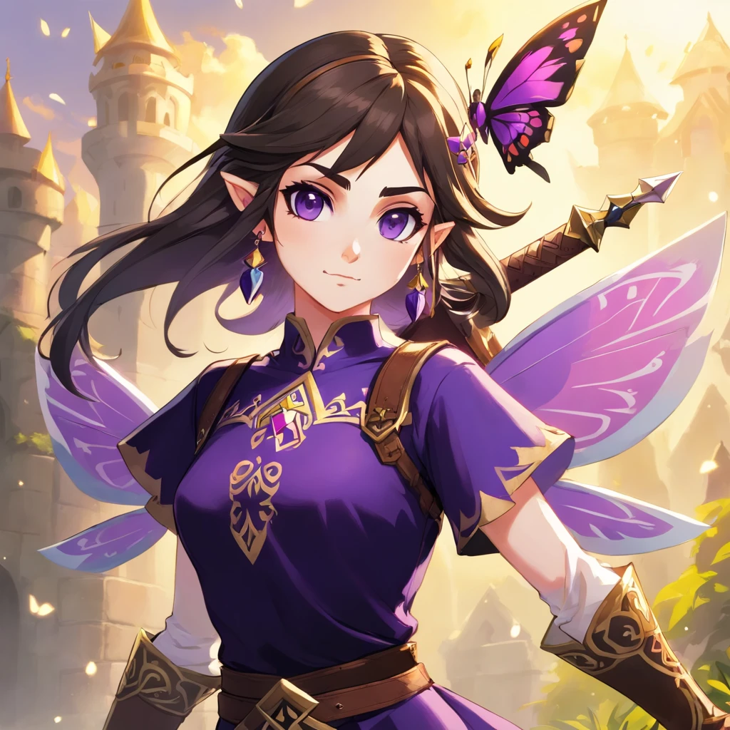 full body, person for the zelda game, black long hair to the feet with purple roots, purple shining eyes and long eye lashes, pale skin, Zelda fairy wings, butterfly make up, a short black-brown-purple dress with weapons and bags, brown leather boots, long pointy ears and golden earrings, a brown belt with two silver daggers on it, a scar on her left eye