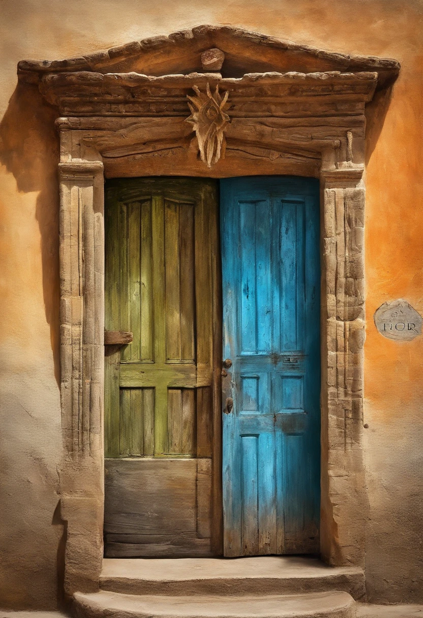 An image of a door with the inscription "Jesus knocks at the door" portrait, fotografia, porta detalhada, Realistic, fotorrealista, 8k, altamente detalhado, quadro da porta inteira, Arte nas cores teal e laranja, RAW de alto detalhe, penetrante, soft and diffuse lighting, profundidade de campo rasa, foco nítido, Hiper-realismo, Cinematic lighting
