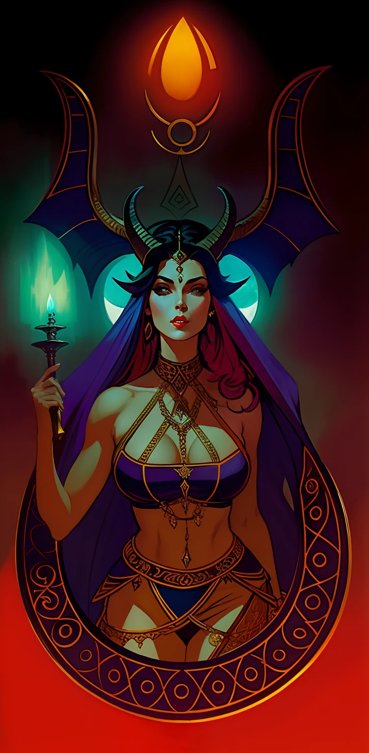 a woman with a horned head and a large horned, priestess, attractive tiefling druid, appears as the fire goddess, intense, horned ram goddess, mayan priestess, wip1girl, seios gigantescos, Curvilinear waist, bunda grande, massive breasts, seios grandes, Seios enormes, seios gigantescos, coxas grossas, muscular female, corpo suculento,  corpo, bunda suculenta, seios suculentos, seios cheios, bunda cheia, breasts larger than the head, Roupas da era vitoriana,  green hair, cabelos longos, Cabelo amarrado, provocando o espectador, ereta sob a roupa, at night, janela do quarto, no quarto, thick dress, bimbo breasts, bimbo body, erect  under dress, lace bra under dress Artstation, by Frank Frazetta, by Simon Bisley, by Luis Royo, by H.R. Giger, by Ashley Wood, by Bill Sienkiewicz, by Ryan Meinerding, by Ian McQue, by Syd Mead, by Frank Frazetta bbw woman dressing in purple nightgown (green skin:0.8), Masterpiece, best quality, "Gothic Futuristic Seductress", Artstation, by Frank Frazetta. pale red skin:0.8), Masterpiece, best quality, "Gothic Futuristic Seductress", Artstation, by Frank Frazetta. The image should feature a mysterious, seductive woman withe sexy eyes, cat eye makeup in revealing hair curly, squatting pose... heels and detailed pretty feet